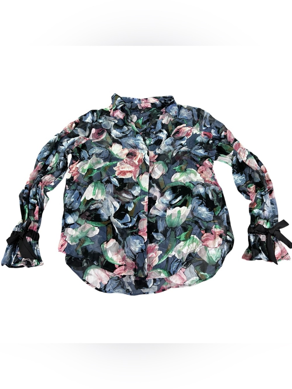 White House Black Market Silk Blend Floral Blouse Women’s M Tie Cuff Button Down